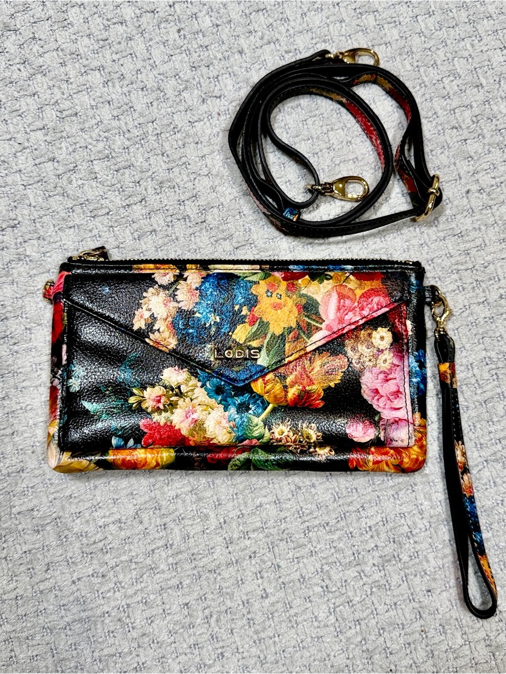 Lodis Leather Black with Colorful Flowers Floral Crossbody Wallet Purse Wristlet